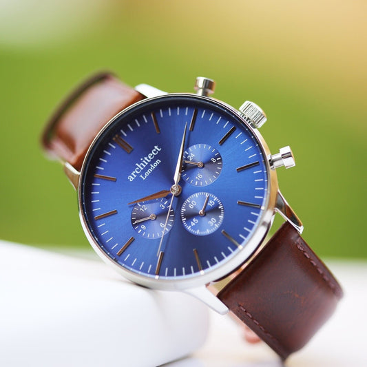 Men's Architect Motivator Watch in Deep Space Blue with Leather Walnut Strap