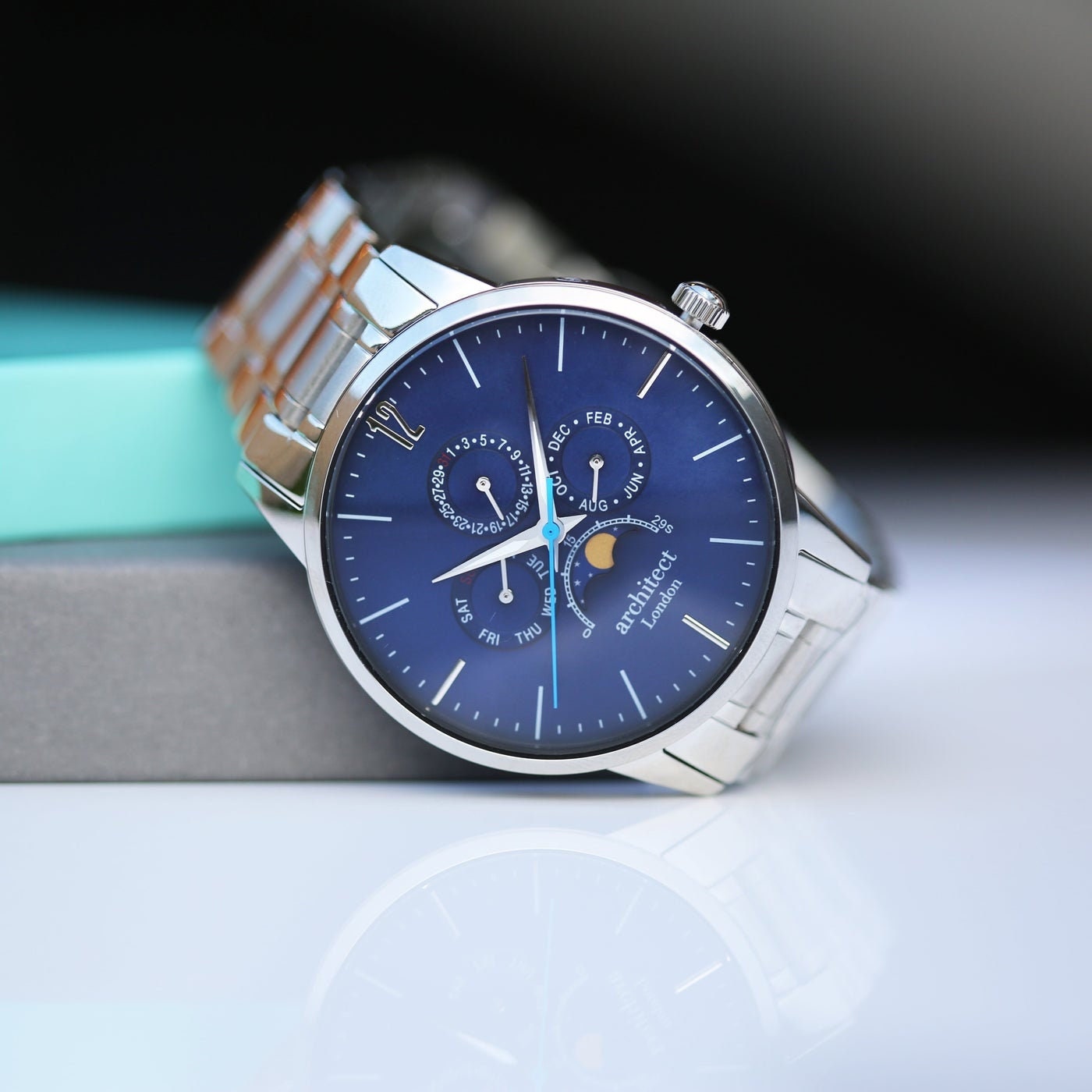 Men's Architect Apollo Blue Chronograph Moonphase Watch - Silver