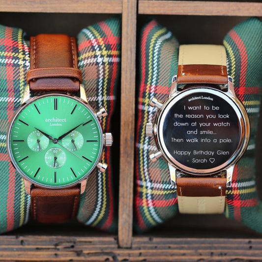 Men's Architect Motivator Wristwatch In Envy Green With Genuine Leather Walnut Strap